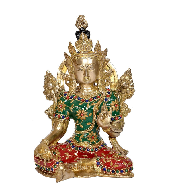 Brass Tara Devi Buddha Religious Statue for Home Decor Multicolor (Height 10 Inch)