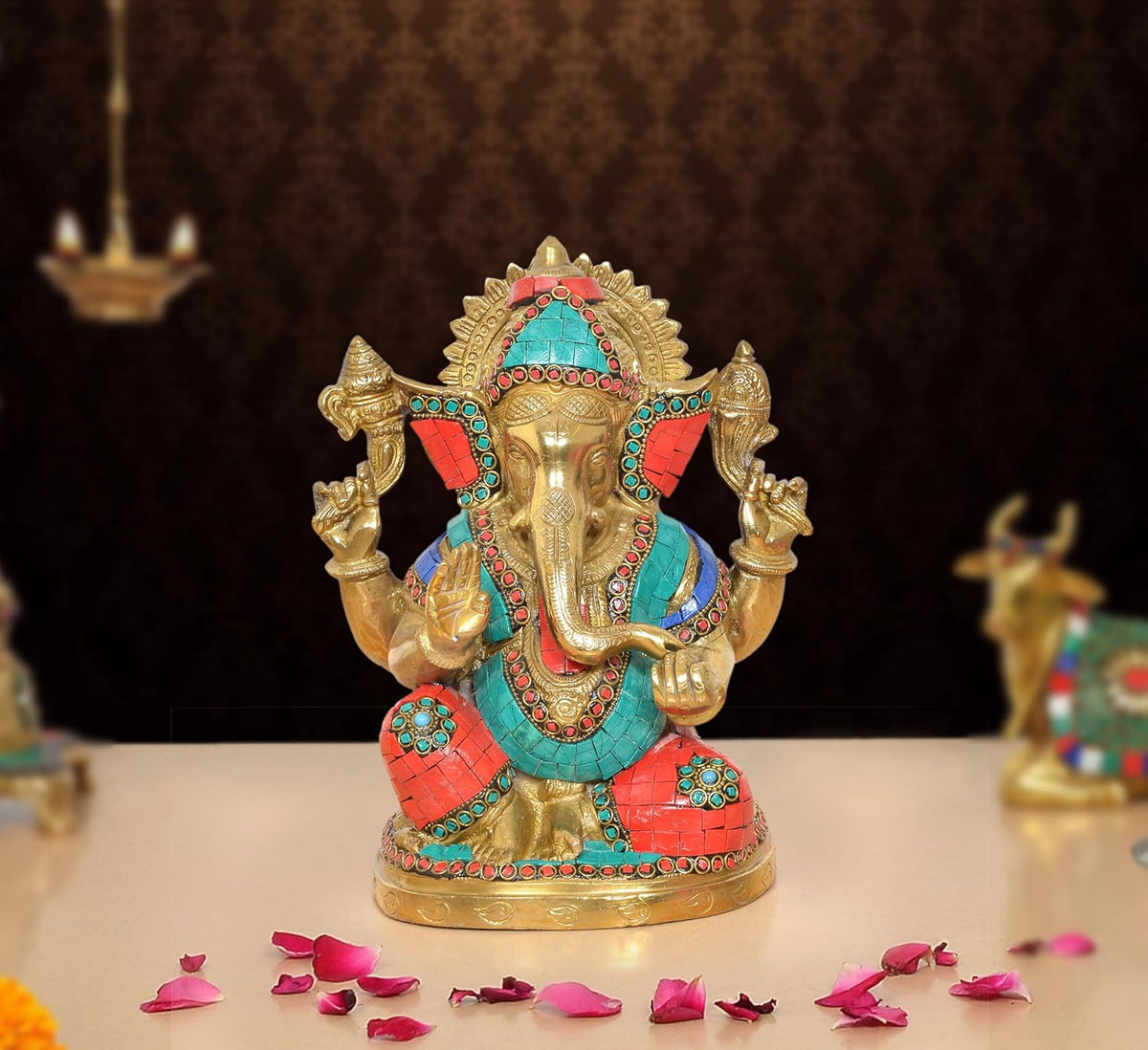 Ganpati Bappa murti, brass, multicolour mosaic detailing, 9 inch height
