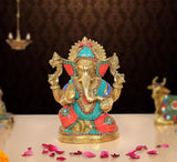 Ganpati Bappa murti, brass, multicolour mosaic detailing, 9 inch height