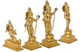 Golden brass Ram Darbar figurines of Hanuman, Ram, Sita and Lakshman on square bases