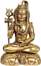 Brass Lord Shiva idol holding trident, seated meditation pose, 9.5 in