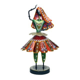 Multicolour Rajasthani dancing doll figurine, red hood, embroidered flared skirt, on round base