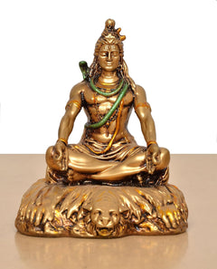Lord Shiva seated resin statue with detailed face, crown hair, and green-and-gold necklace.