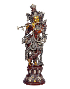 Lord Krishna showpiece in brass with flute, ornate crown and detailed attire
