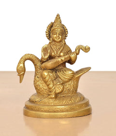 Goddess Saraswati brass idol seated on swan, veena in hands, detailed headpiece