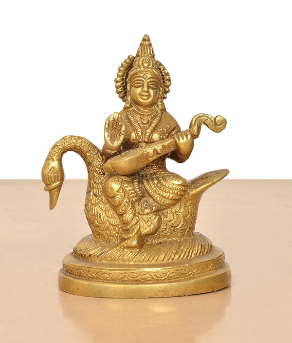 Brass Maa Goddess Saraswati Seated on Hans Idol (Height 5 Inch) Entryway Setting