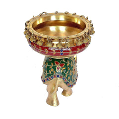 Messing-Elefant-Urli-Statue, ganze Figur mit farbigen floralen Mustern auf dem Körper