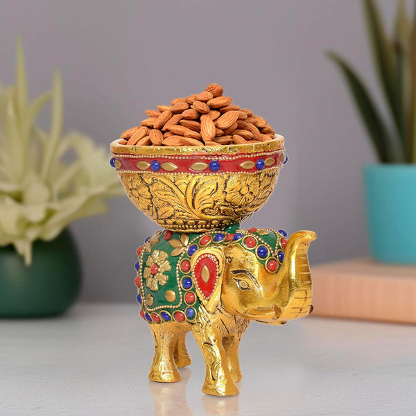 Metal Elephant Dry Fruit Bowl Showpiece Gold Polish for Home Decor Room Table & Gift Diwali,Raksha Bandhan (Height 5 Inch) (Elephant GREEN Multicolor)