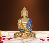 Brass Buddha idol in Abhaya mudra with blue jeweled robe, 6.5 in tall