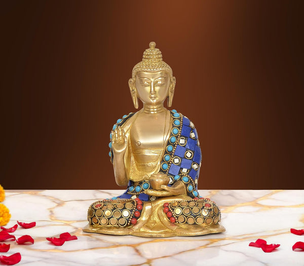 Brass Abhaya Mudra Buddha Idol (Height: 6.5 Inch)