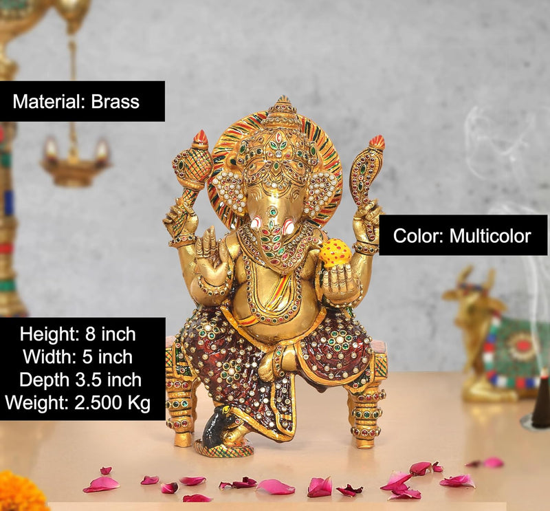Brass Ganesha Statue Sitting On Chowki (Height 8 Inch)