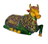 Seated Nandi bull showpiece statue in brass with green body and colorful beaded ornaments