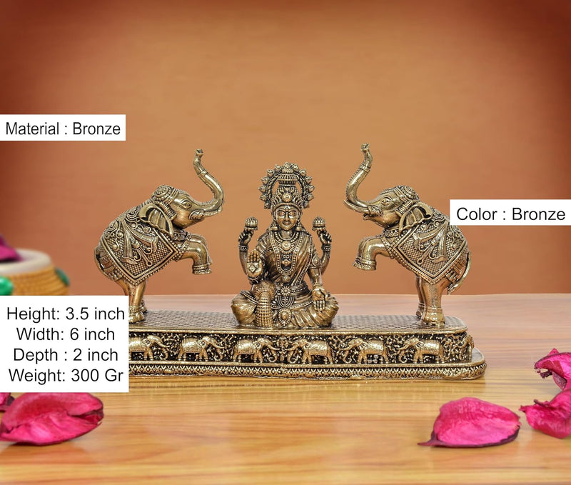 Bronze Gaj Lakshmi Goddess Sitting Statue (Height 3.5 Inch)