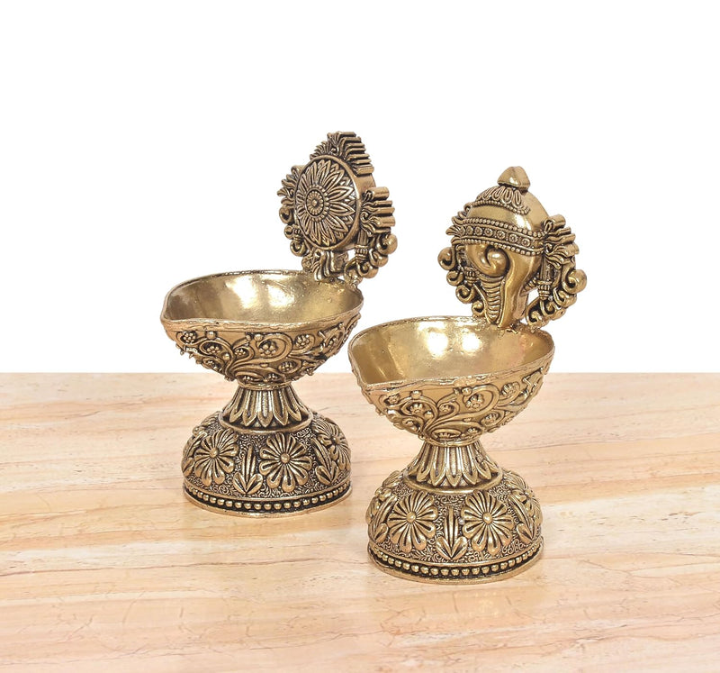 Bronze Traditional Diya Shankh, Chakra Oil Lamp Stand Vishnu Symbol (Height 4 Inch)