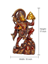 Brass Hanuman idol sculpture, dimensions shown: 17 in height, 10 in width