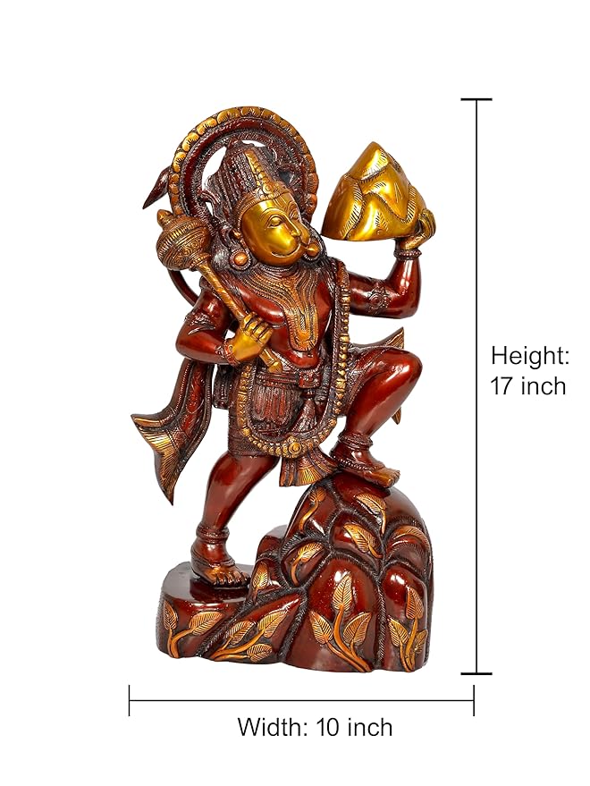 Brass Hanuman JI with Mountain Statue Idol Sculpture Statue Home Decor (Height: 17 Inch)