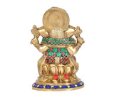 Brass Ganesha murti rear view, multicolor waist belt and blue base edge