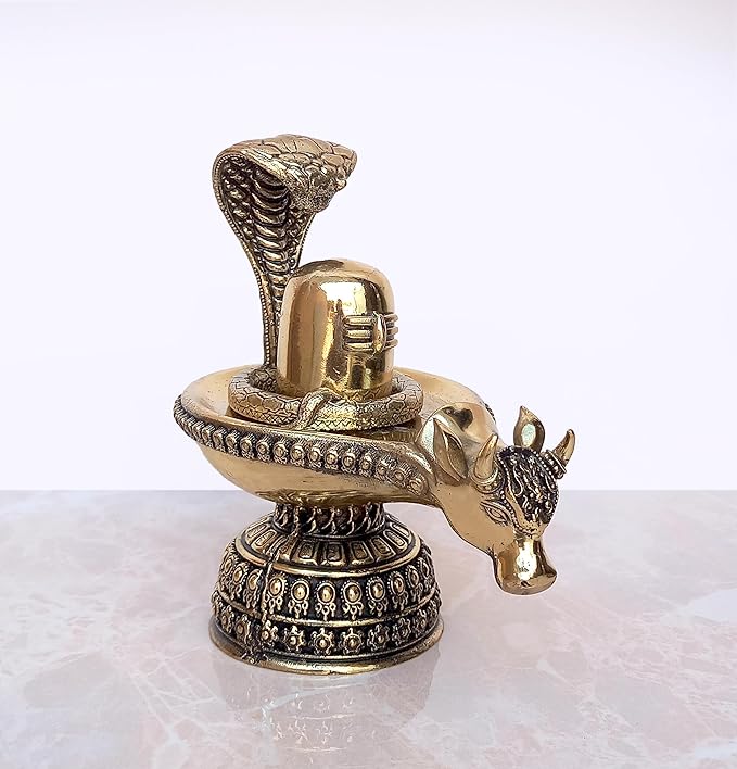 Brass Shiva Ling Murti Shivling with Nandi Maharaj Figurine Bronze Sculpture Deity Lord Shiva Statue Hindu Puja Vastu Gifts Home Decor Height: 5 inch