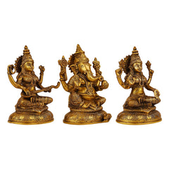 Brass three-deity idol set in seated poses, shown from side angles