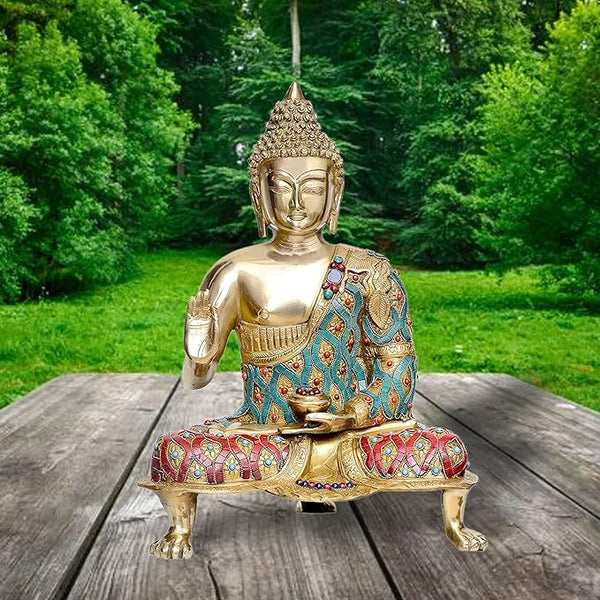 Big Brass Buddha Statue Color Stone Handwork Work Sculpture Blessing Idol for Home Decor Gift Religious Showpiece Good Luck Office Table Showpiece 51 cm (Brass, Multicolor)