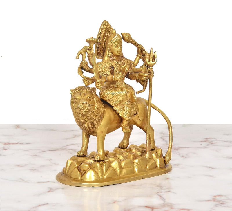 Brass Durga Maa with Lion Statue (Height: 7.5 Inch)