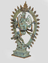 Blue-green patina bronze Shiva Nataraj statue, dancing with raised arm and spear-like staff