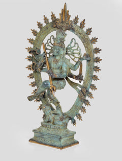 Blue-green patina bronze Shiva Nataraj statue, dancing with raised arm and spear-like staff