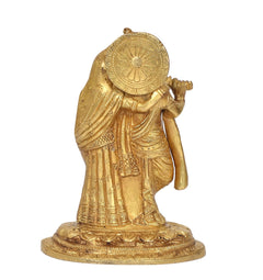 Rear view Radha Krishna brass idol, circular halo and draped garments on pedestal