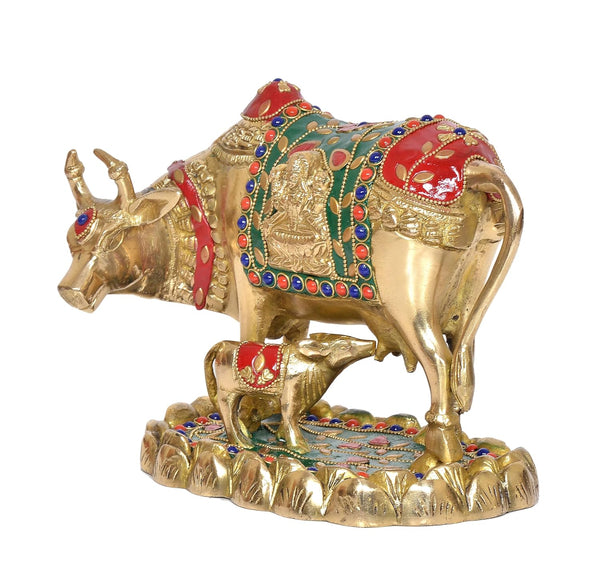 Brass Kamdhenu Cow with Calf for Home Decor Pooja Mandir Temple Office Decorative Showpiece Statue Brass (Height: 6.5 Inch) (Cow1) Study Setting