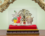 Decorated Radha-Krishna glass box with tree motif, small pichkari and jug, red base
