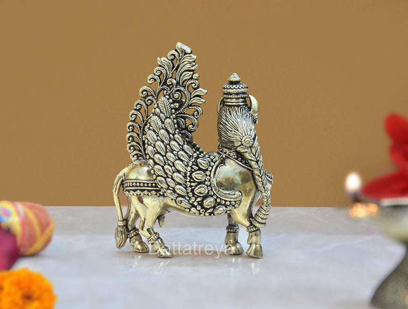 Bronze Kamadhenu Cow with Wings | Pooja Home Decor Mandir | (Height 4.5 Inch)