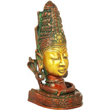 Brass Shiva Mukha Linga idol, 9 inch, side profile with crown details and base carvings
