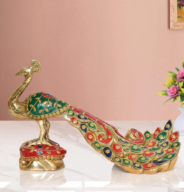 Brass Peacock with Multicolor for Home Decor Office Decor Showpiece Idol Figurine Sculpture for Home Decoration (Height 7.5 Inch)