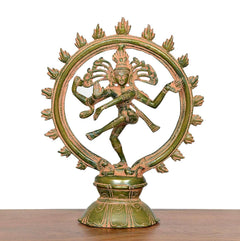Brass Shiva Nataraj dancing statue with circular halo ring and ornate base