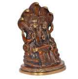 Brass Lakshmi-Vishnu on Sheshnag idol, detailed faces and jewelry, front-right angle