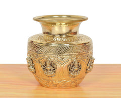 Brass Ashtalakshmi kalash with ornate side deity figures and diamond lattice band