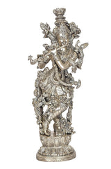 Silberne Krishna-Statue, stehende Pose, detailliertes Ornamentkleid mit mehreren Armen