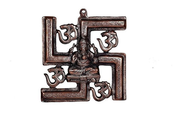 Metal Om Ganesh Swastik Idol Wall Hanging Wall Decor Om Swastik Wall Hanging Decorative Showpiece Multicolour Height 11 Inches