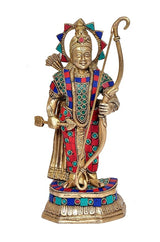 Multicolor brass Ram murti statue with bow in hand and decorated crown, full view.