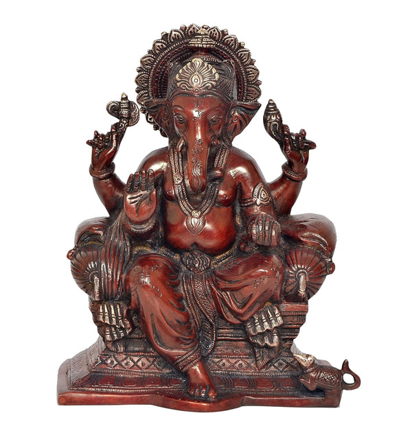 Brass Lord Ganesha Idol Sitting Ganesh Statue Decorative Sculpture for Home Decor Office Mandir Pooja Temple (Height 10 Inch)