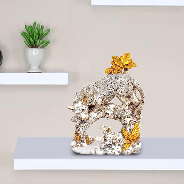 Resin Cheeta Leopard with Cubs  Showpiece (Height: 12 Inches)