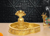 Brass Shiva Ling murti with ornate round base and standing ling, golden finish