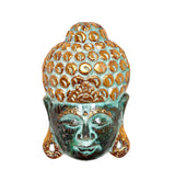 Front view Buddha mask wall hanging, turquoise face with gold ornamented head and serene smile