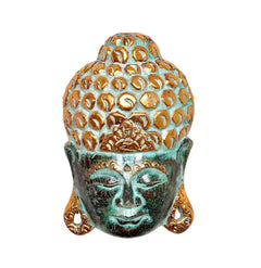 Front view Buddha mask wall hanging, turquoise face with gold ornamented head and serene smile