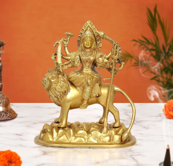 Brass Durga Maa with Lion Statue (Height: 7.5 Inch)