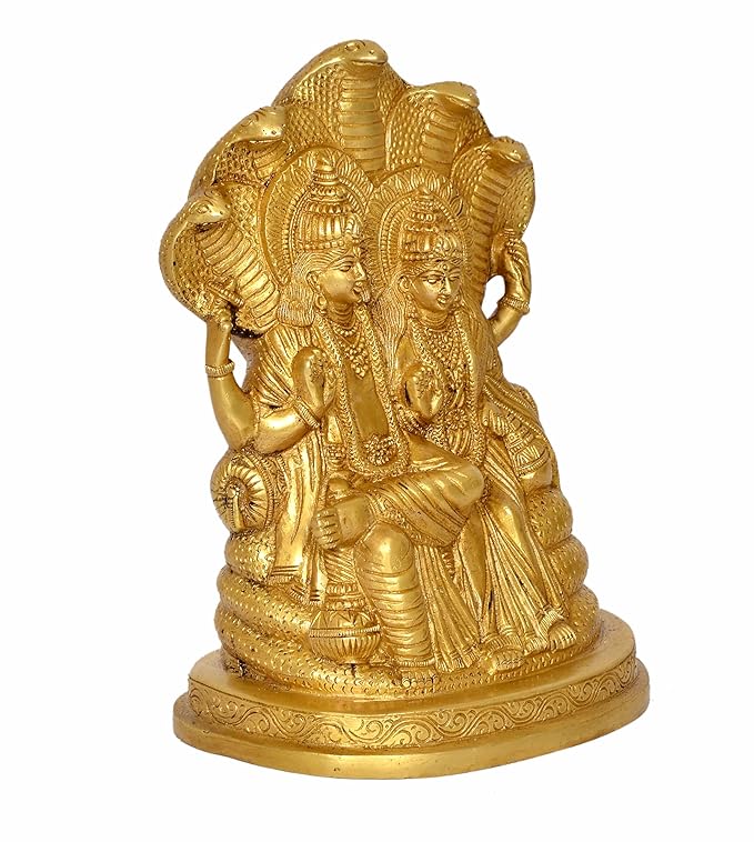 Brass Lord Vishnu with Maa Lakshmi On Sheshnag Idol Statue - (Height 9 inch)