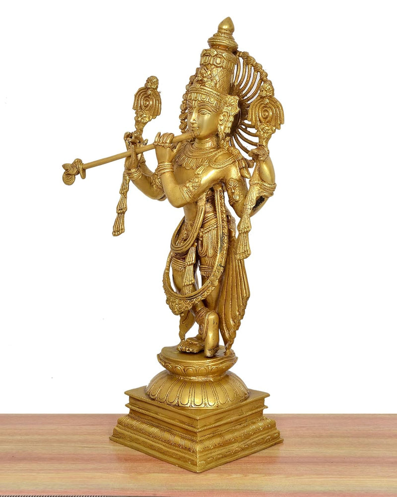 Brass Lord Krishna in His Glorious Avatar Sculpture Playing Flute (Height: 24 inch)