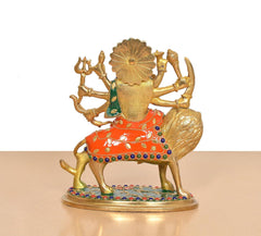 Durga Maa brass idol with lion, rear view, circular halo and painted orange dress