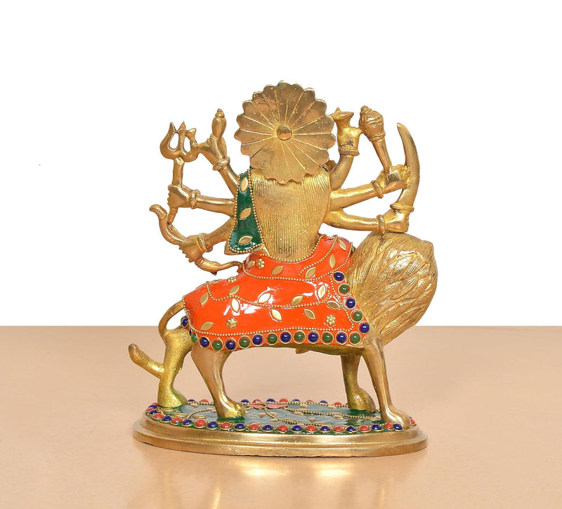 Brass Durga Maa with Lion Idol (Height: 7.5 Inch)