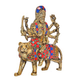Front-angle Durga Maa with lion mount, gold-tone body and colorful jeweled accents